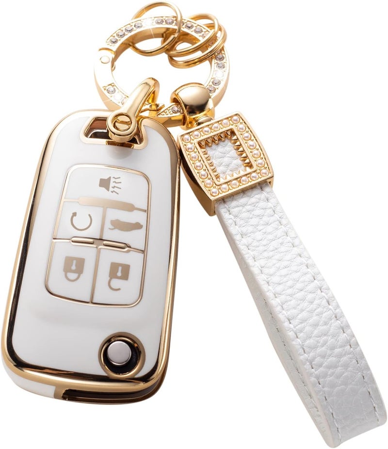 CACARLIKE for Chevy Key Fob Cover with Leather Lanyard, Car Key Fob Case Compatible with Chevrolet Equinox Camaro Cruze Malibu Sonic Smart Key Protector Holder - Image 1